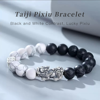 Wealth-Attracting Pixiu Ancient Silver and Yin-Yang White Turquoise Bracelet from Longhu Mountain Celestial Master (Tianshi)